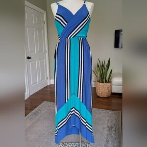 Bebe High-Low Striped Maxi Dress Blue Teal Black White Y2K Style Size S